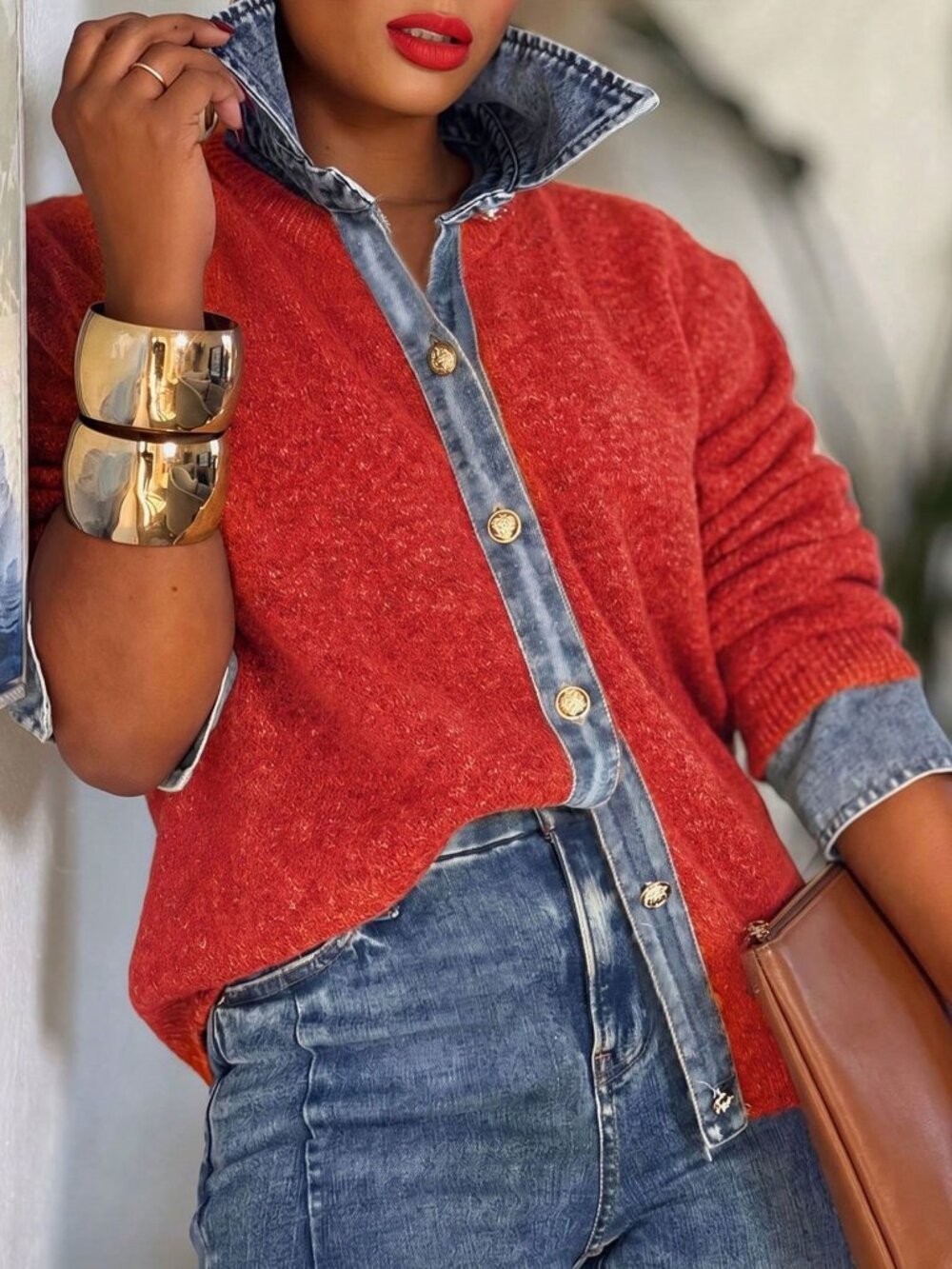 Orange Elegant Women's Loose Single Breasted Shacket